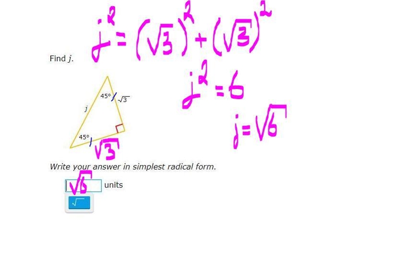 PLEASE HELP SOMEONE!! thank you! find j write your answer in simplest radical form-example-1