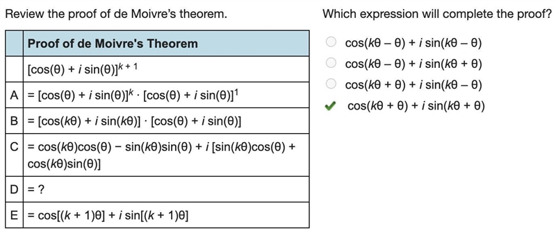 Review the proof of de Moivre’s theorem. Proof of de Moivre's Theorem [cos(θ) + i-example-1