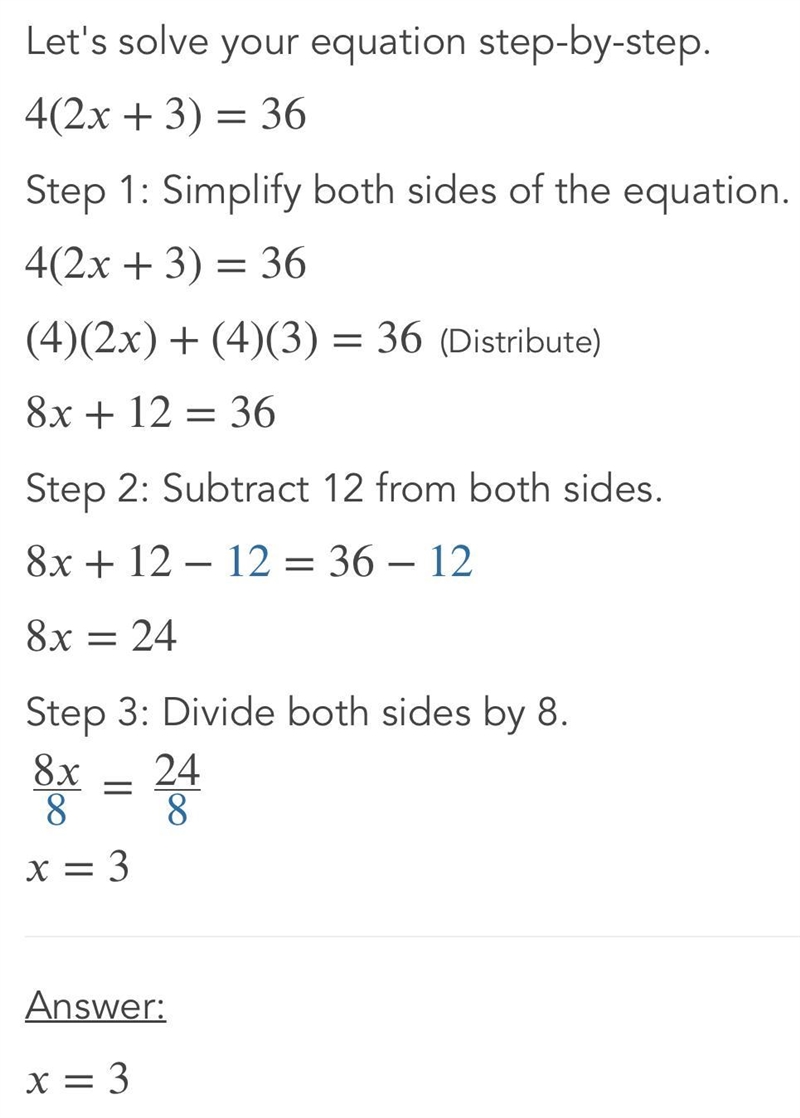 1. 4(2x + 3) = 36 Thanks please help with this-example-1