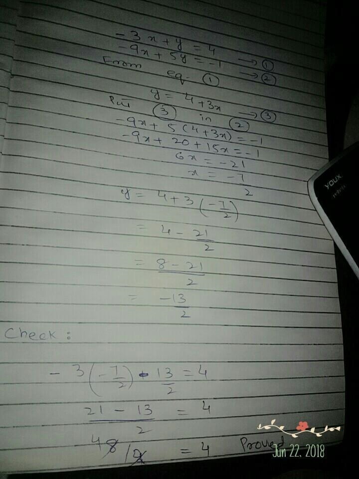 Examine the system of equations. −3x + y = 4, −9x + 5y = −1 What is the solution? ( , )-example-1