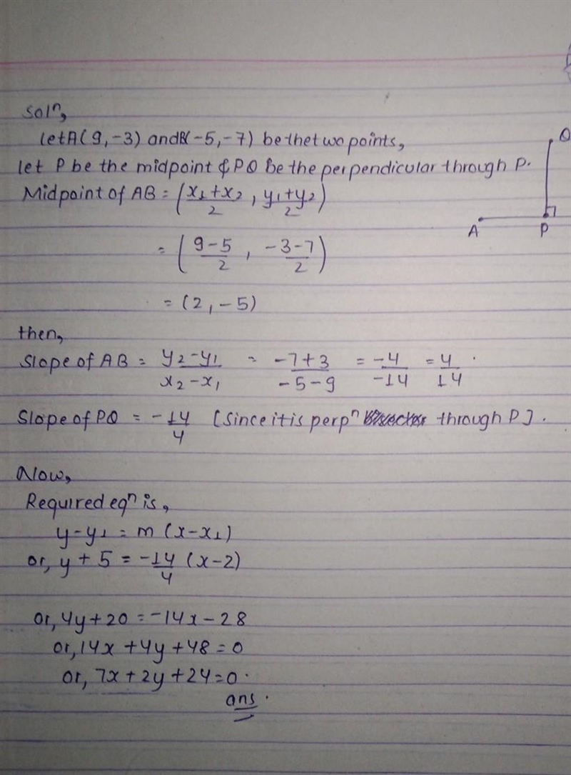 Find an equation for the perpendicular bisector of the line segment whose endpoints-example-1