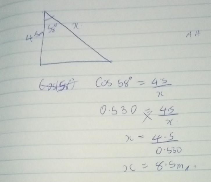 A ladder leans against a wall creating a 58 angle. The ladder reaches 4.5m up the-example-1