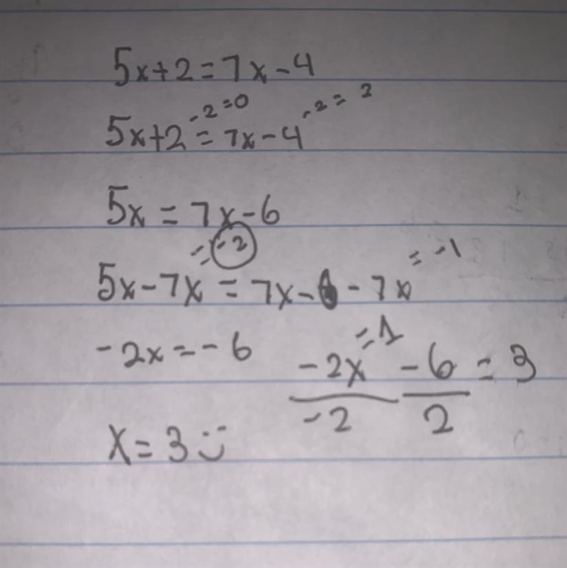 Does anyone know the answer to the question??? 5x+2=7x-4​-example-1