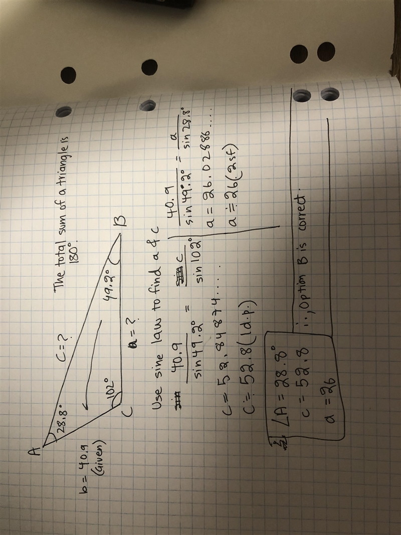 Solve the triangle. Round to the nearest tenth when neccesary or to the nearest minute-example-1