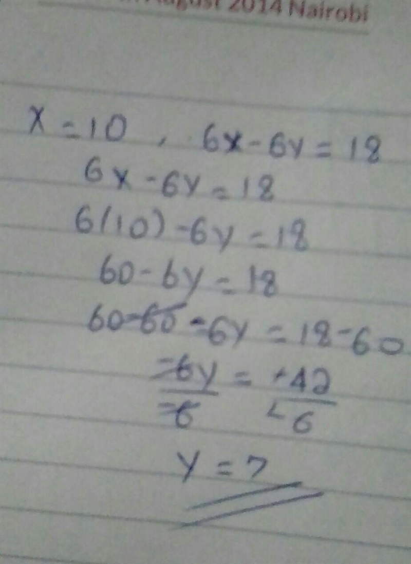 Solve using substitution x=10 6x-6y=18 y=?-example-1