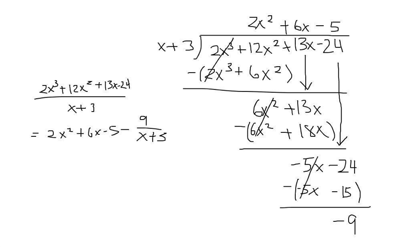 Solve using polynomial long division and show work: (2x^3+ 12x²+13x-24)/ (x+3)-example-1