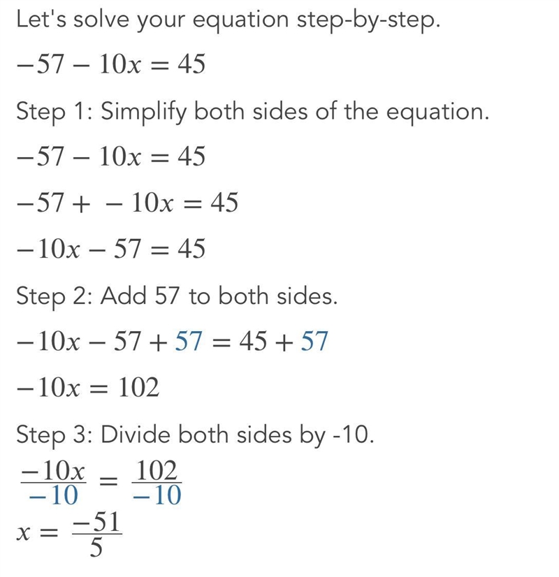 Solve the system of equations. 57 - 10x = 45 - - 3y + 10x = -5-example-3