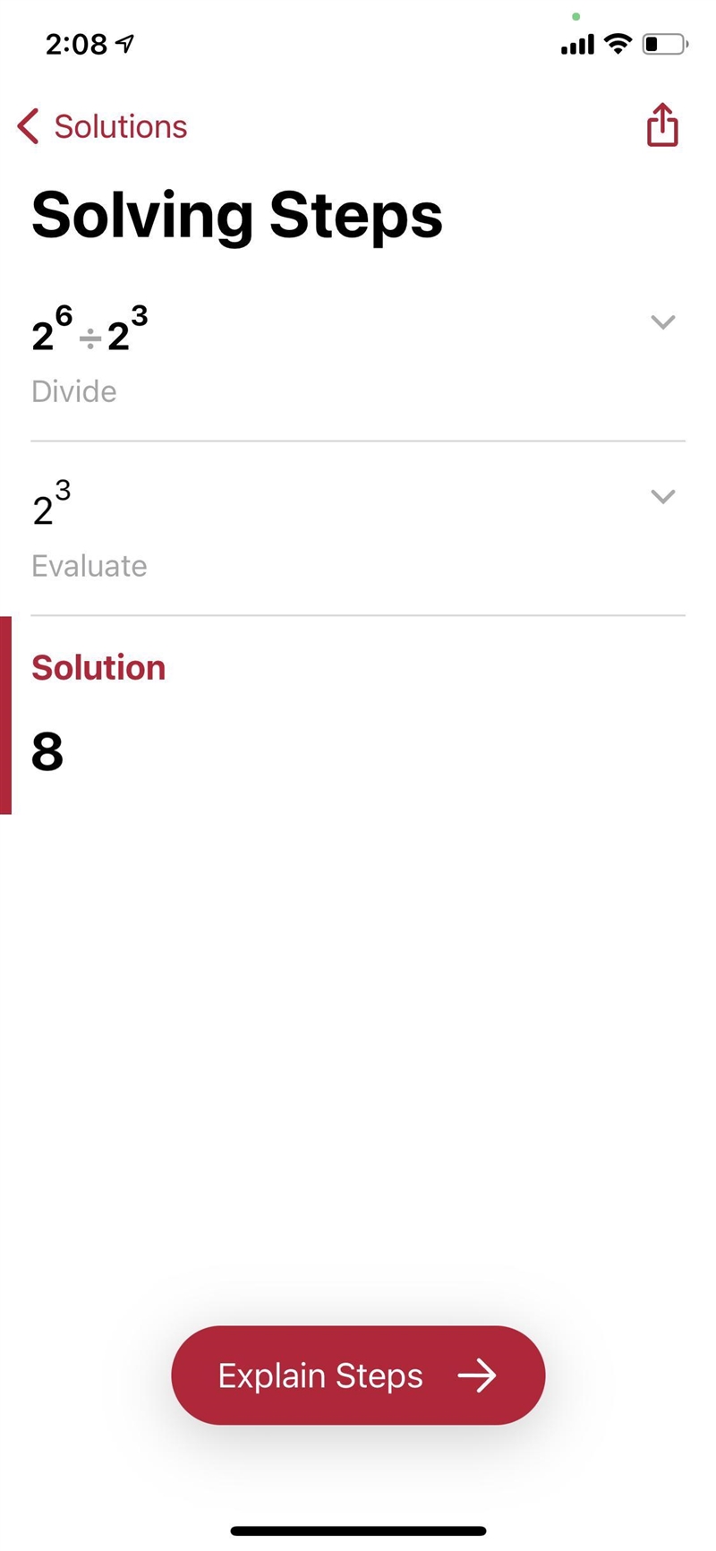 Simplify this expression. 2^6 ÷ 2^3 A. 16 B. 8 C. 4 D. 1-example-1