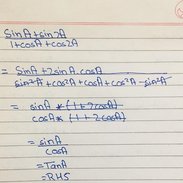 How to prove sinA+sin2A/1+cosA+cos2A=tanA​-example-1