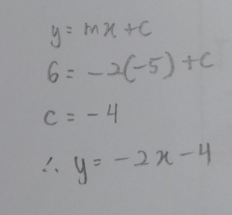 Write the equation of the line with a slope of -2 that passes through (-5, 6). a. y-example-1