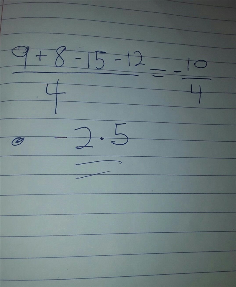 What is the mean of 9, 8, -15 and -12? The Mean is:-example-1