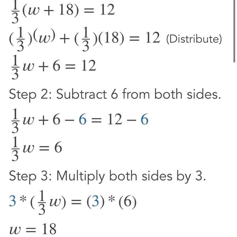 What is 1/3(w+18)=12​-example-1