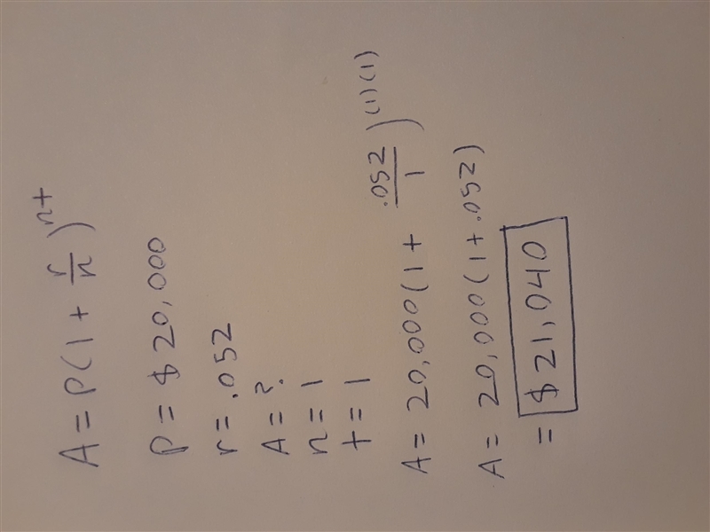 What is the balance after one year on an investment of $20,000 earning 5.2% interest-example-1