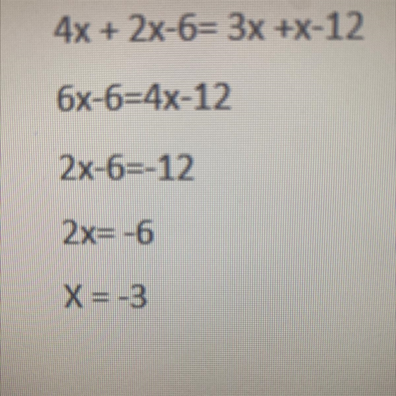 What is the solution to the equation 4x + 2(x − 3) = 3x + x − 12? (1 point) −3 −1 1 3-example-1