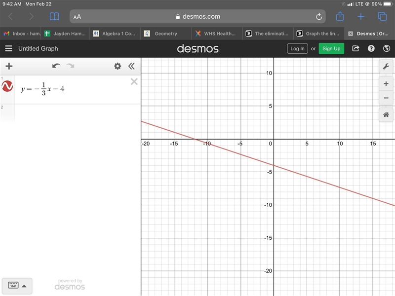 Graph the line with the equation y= - 1/3 x -4?-example-1