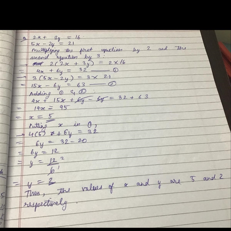 Can you solve the system of equations by elimination 2x + 3y = 16 5x - 2y = 21-example-1