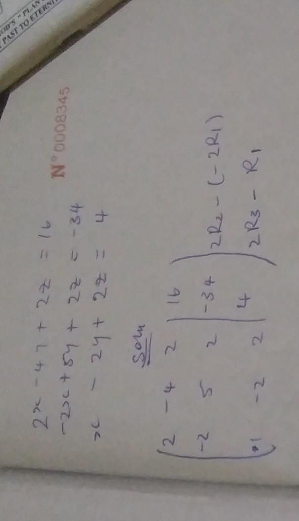 Solve the system using a matrix. 2x – 4y + 2z = 16 -2x + 5y + 2z = -34 x – 2y + 2z-example-1