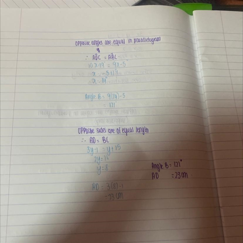 ABCD is a parallelogram. Find each measure. 1- m<B 2- AD​-example-1