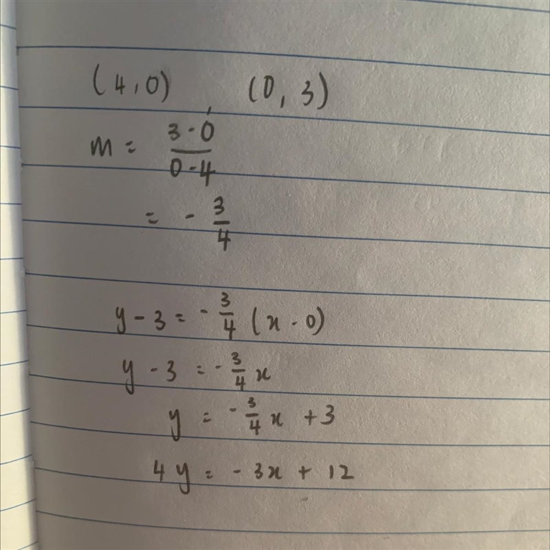 Which equation represents a line passing through the points 4,0 and 0,3 3x + 4y = 12 4x-example-1