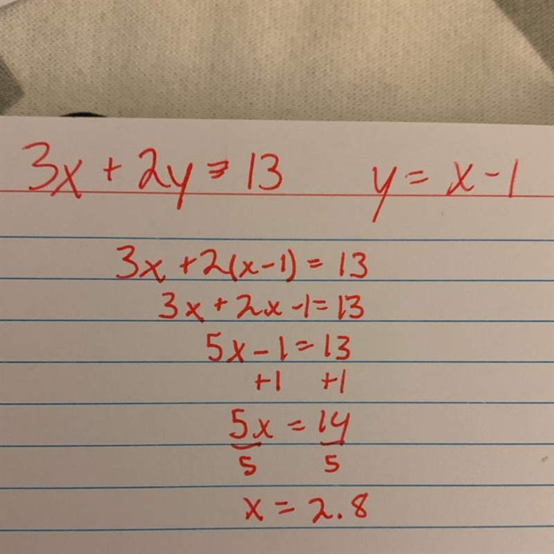 Use the substitution method to solve the system of equations. 3x + 2y = 13 y = x-1 A-example-1