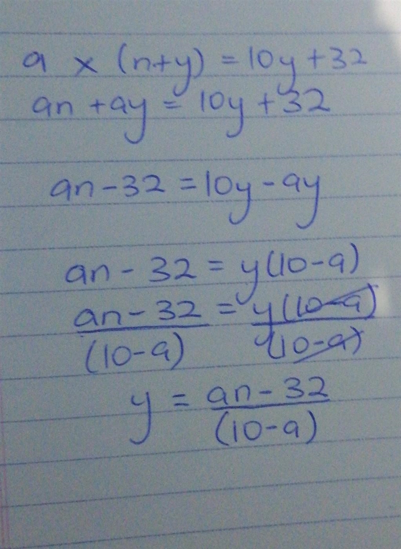 HELP DUE IN 10 MINUTES! Solve for y. Assume the equation has a solution for y. a . ( n-example-1