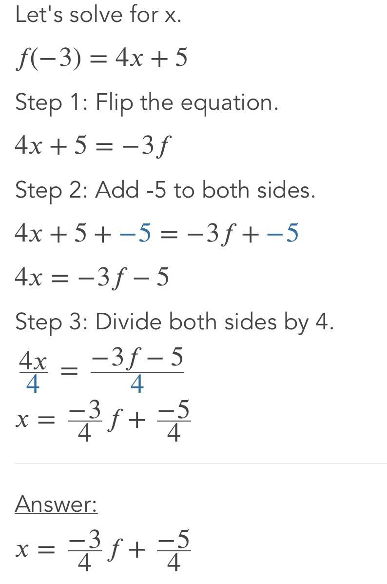 2) The function f(x) is defined below. The value of f(-3) is: f (x) = 4x + 5-example-2