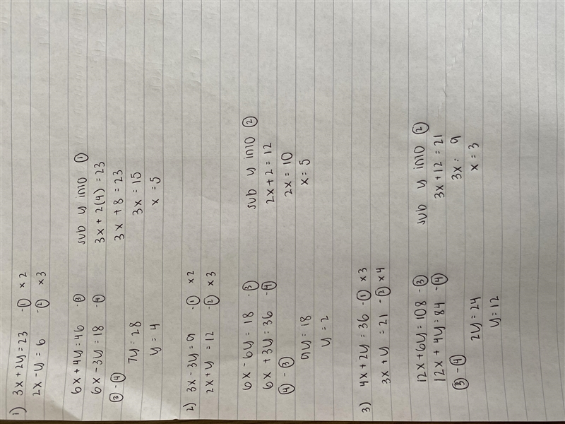 Simultaneous equations: 1) 3x + 2y = 23 2x - y = 6 2) 3x - 3y = 9 2x + y = 12 3) 4x-example-1