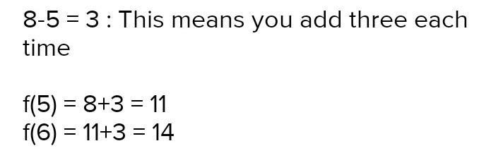 If f(3) =5 and f(4)=8... f(5)=___ f(6)=____ recursive function-example-1