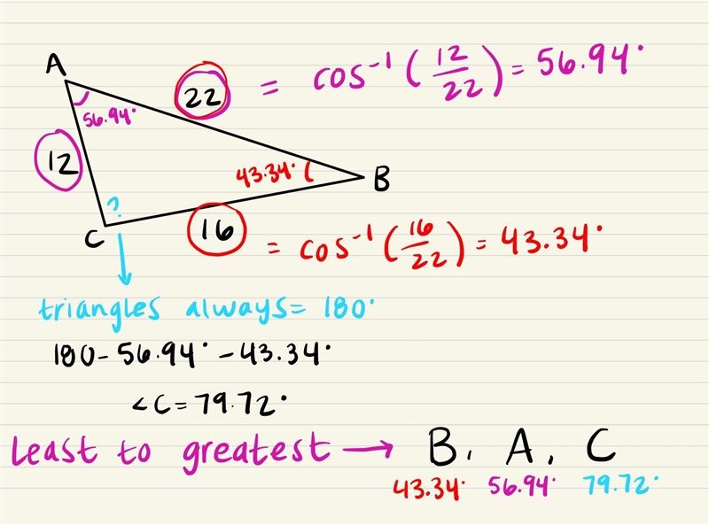 Consider the triangle. Which shows the order of the angles from smallest to largest-example-1