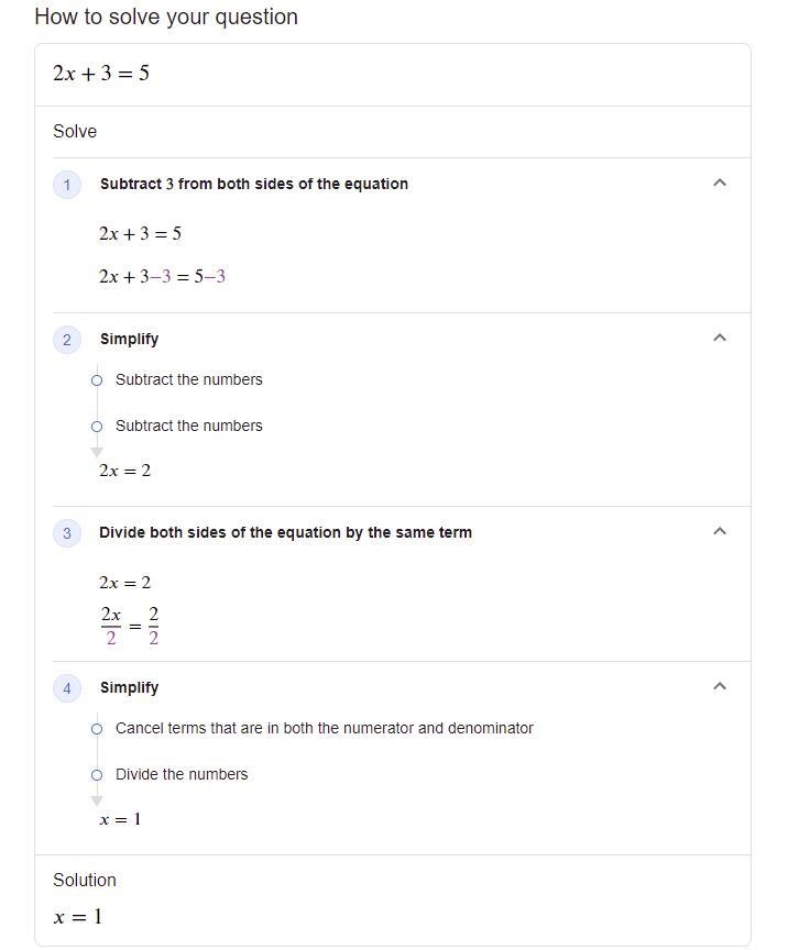 Find the solution of the equation 2x + 3 = 5-example-1