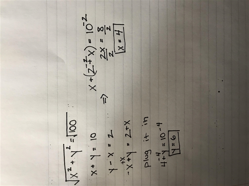 Solve the following systems using substitution or elimination x^2+y^2=100 y-x=2-example-1