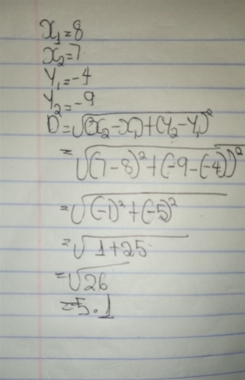 Find the distance between the points (8, -4) and (7, -9).-example-1