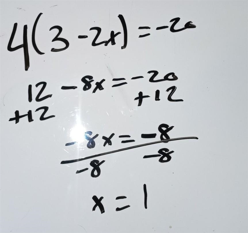 1. Take a look at the steps below for solving the equation 4(3 - 2x) = -20. Step 1: 4(3 - 2x-example-1