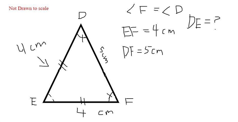 In ∆DEF, ∠F = ∠D and EF = 4 cm and DF = 5 cm. Then find the length of DE-example-1