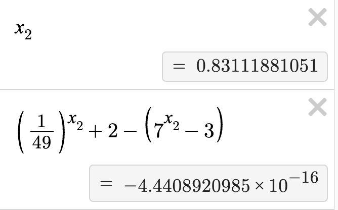 Solve the equation (1÷49)^x + 2 =(7)^x - 3​-example-2