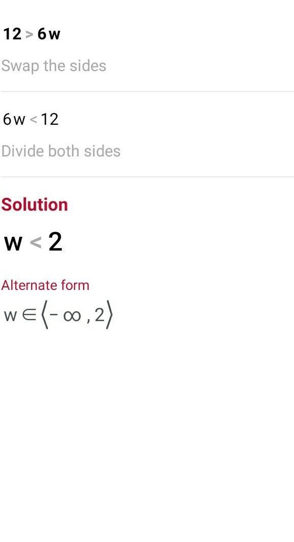 Solve the inequality 12 > 6w-example-1