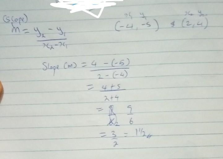 Aline crosses the coordinates (-4,-5) and (2, 4). What is the slope of the line?-example-1