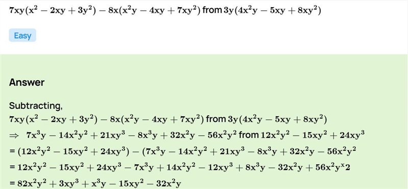 Subtract 7xy (x² - 2xy + 3y²) - 8x (x²y - 4xy + 7x y2) from 3y(4x²y-5xy +8xy²) ​-example-1