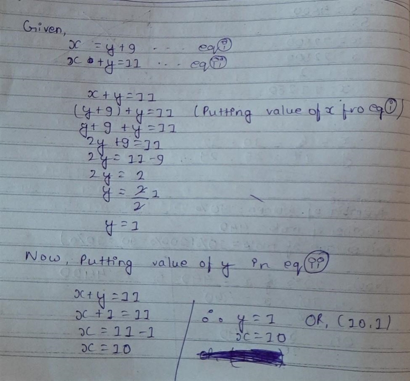 What is the solution of the following system of equations: x = y + 9 x + y = 11 A-example-1