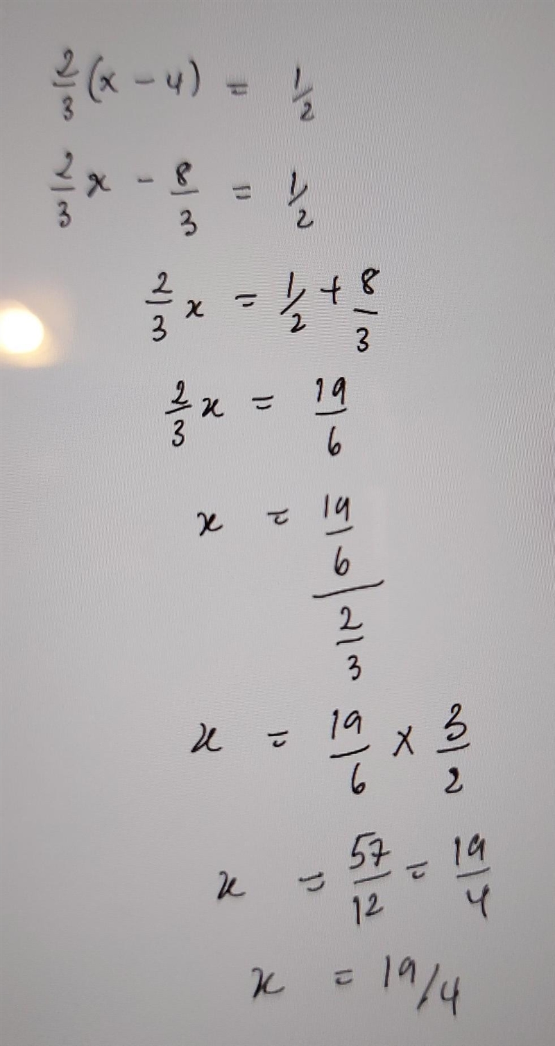 How do I solve this equation? 2/3(x-4)=1/2-example-1