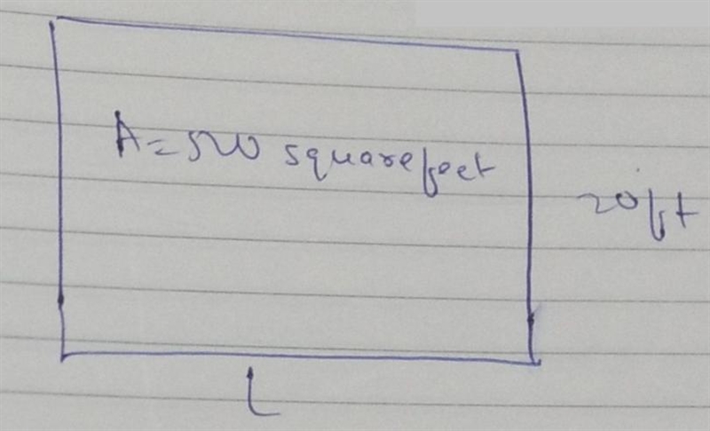 The area of a rectangular fence is 500 square feet. If the width of the fence is 20 feet-example-1