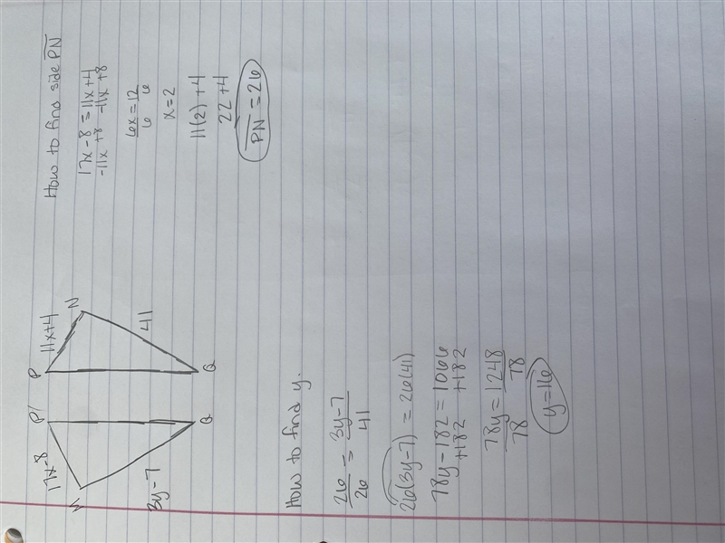 Determine the length of PN and the value of y-example-1