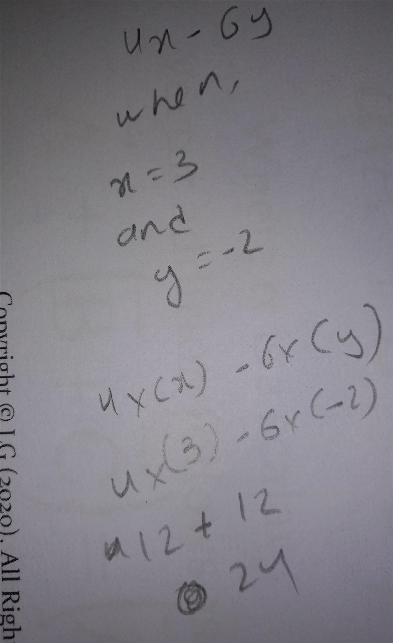 Find the value of 4x-6y when x=3 and y= -2-example-1