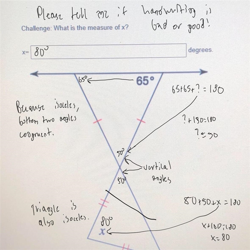 Challenge: what is the measure of x? x= ________ degrees.-example-1