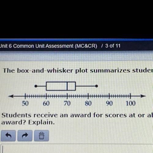 The box-and-whisker plot summarizes student scores on a physical fitness test. Students-example-1