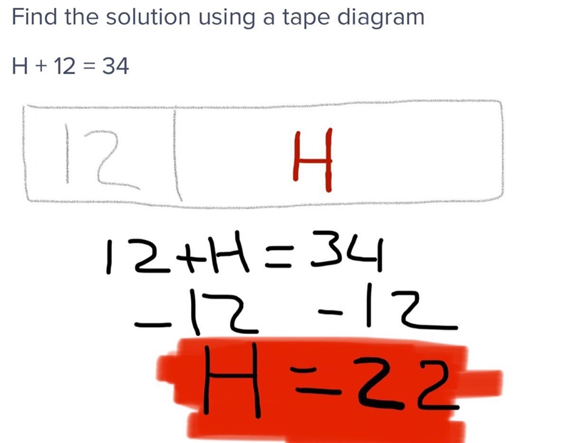 Find the solution using a tape diagram H + 12 = 34​-example-1