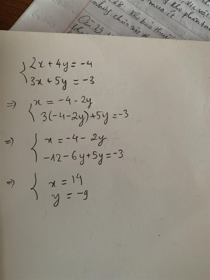 Use linear combination to solve for x and y. 2x+4y=-4 3x+5y=-3-example-1