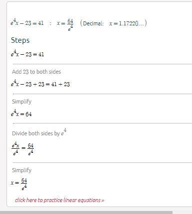 Solve the following exponential function for the value of x using logarithms. e^4x-example-1