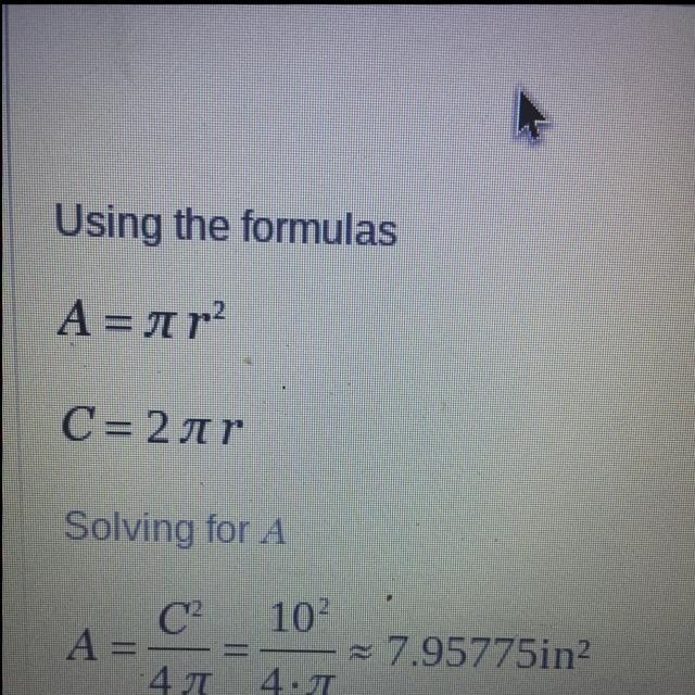 If the circumference of a circle is 10 inches, which is the area?​-example-1