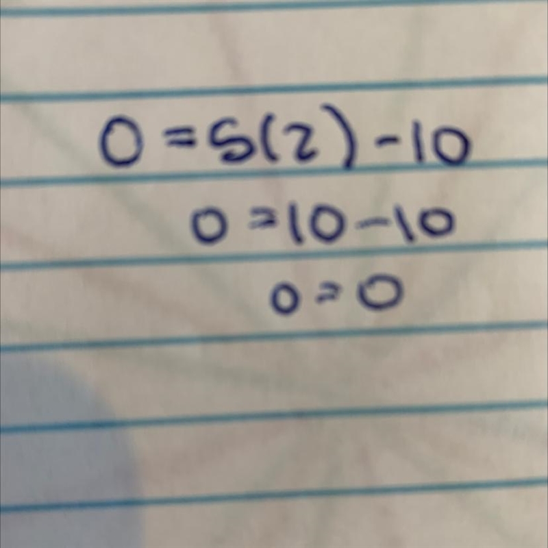 Tell whether the ordered pair is a solution of the equation: Y=5x - 10; (2 0) Yes-example-1